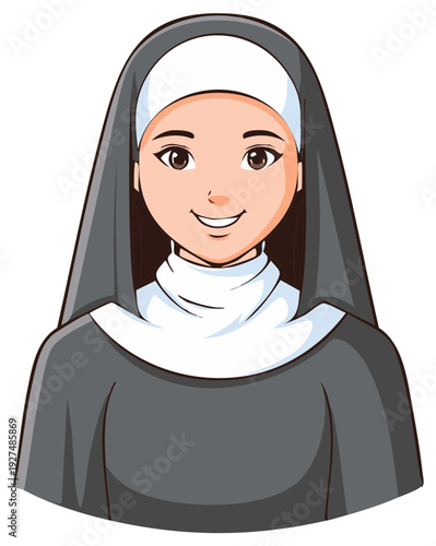 Smiling cartoon nun wearing traditional habit and wimple with dark veil and gray robe
