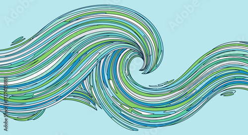 Abstract ocean wave illustration with blue and green swirling lines.
