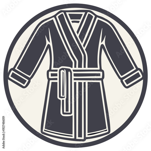Graphic illustration of a bathrobe inside a circular frame, minimalist spa concept