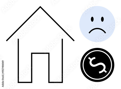 Housing affordability. Visual showing house outline, sad face, and dollar symbol conveying housing affordability challenges. Relevant for real estate, economics, finances, and social issues