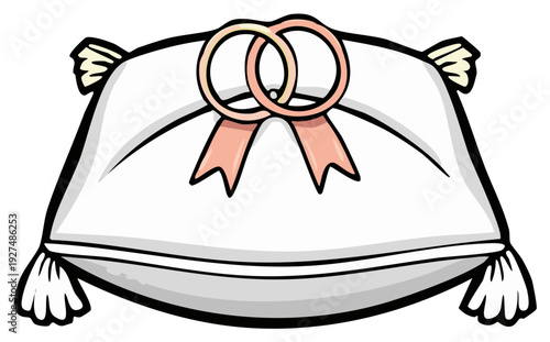 Cartoon wedding pillow with two rings and pink ribbons.