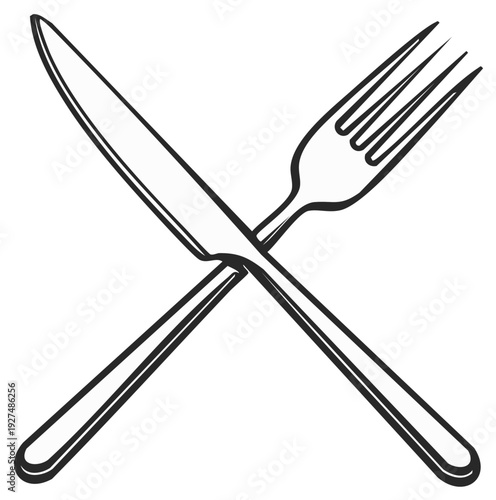 Crossed fork and knife illustration, sketched cutlery for restaurant or dining concept