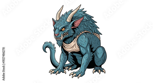 Fantasy blue dragon creature with horns and sharp teeth.