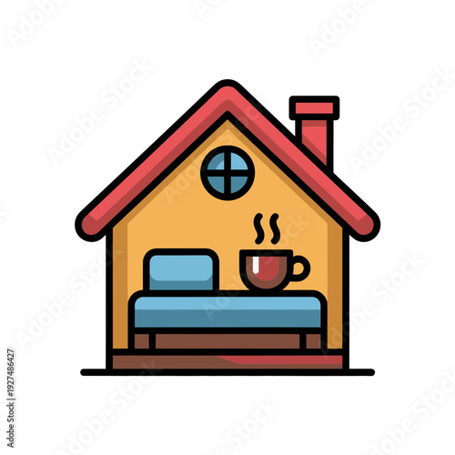 A cozy cartoon house with a cup of coffee on a bed inside