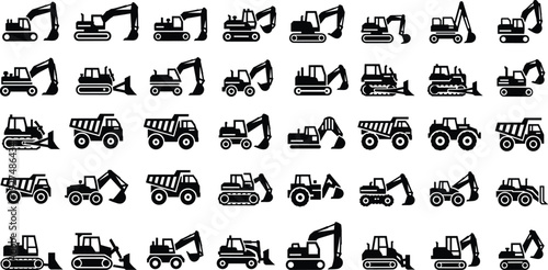 Construction Vehicle Icon Set, Heavy Machinery Silhouettes, Excavator Dump Truck Bulldozer Vector Graphics for Industrial Building Projects, Mining Equipment, Earth Moving.