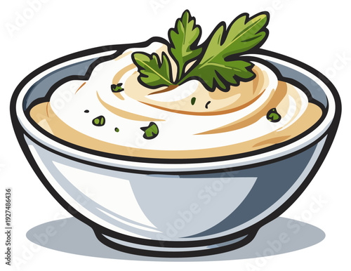 Bowl of Creamy Dip Garnished with Parsley Illustration, Sauce, Appetizer