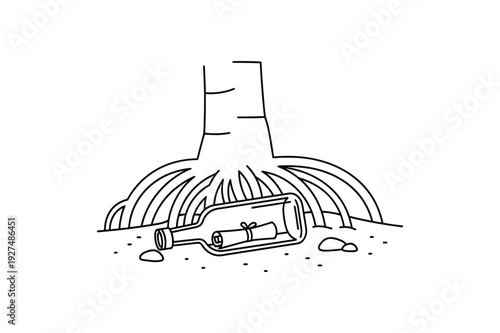 Message in a Bottle under Tree Roots Mystery Nature Concept Scene On white Background Line Art Vector illustration.