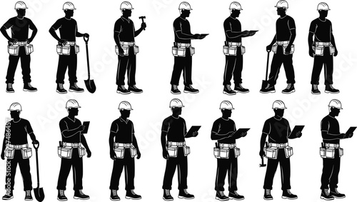 Construction worker silhouette and line art set, handyman with tools, hammer, shovel, and professional builder icons for repair and industry projects