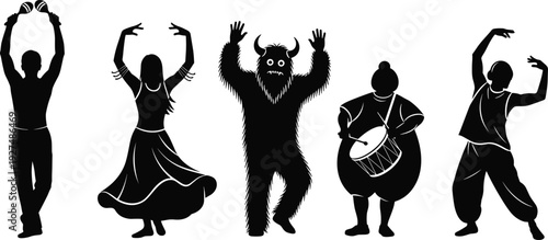 Festival dancers and monster silhouette set, black vector illustration of cultural performers isolated on white background collection
