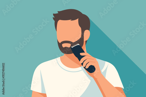 Man Trimming Beard Electric Razor. Self care daily Concept. Vector graphic illustration