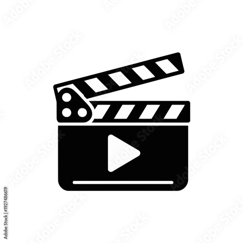 A minimalist vector graphic of a film clapper with a play button, symbolizing movie production and video playback.