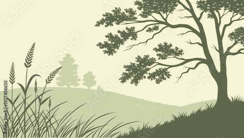 Stylized Green Landscape Illustration with Rolling Hills, Trees, and Tall Grass in Monochromatic Palette