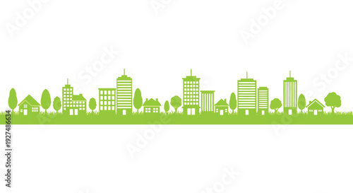 Green cityscape vector illustration showcasing an eco-friendly urban and suburban environment design with trees.