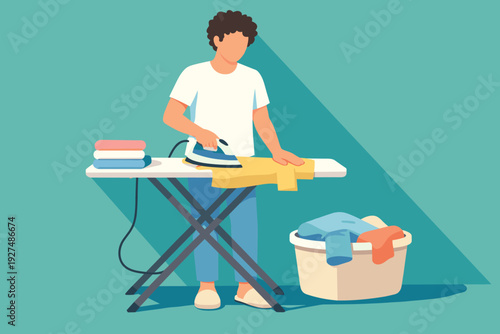 Man Ironing Clothes At Home. Self care daily Concept. Vector graphic illustration