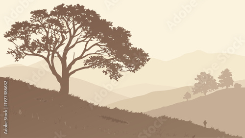 Tranquil Sepia Landscape Illustration with Solitary Tree on Hilltop and Layered Misty Mountains, Earthy Tones