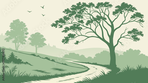 Serene Green Landscape Illustration with Winding Path, Majestic Tree, and Hazy Rolling Hills