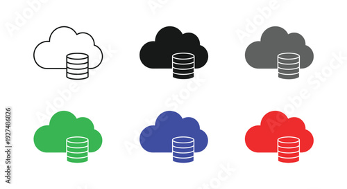 Collection of cloud database storage icons illustrating data hosting and digital security concepts