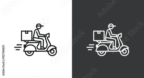 Simple outline vector graphic illustration of a delivery person riding a scooter with a package