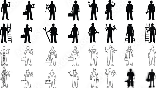 Construction worker silhouette and line art set, handyman with tools, hammer, wrench, ladder, and toolbox icons for repair and industry projects