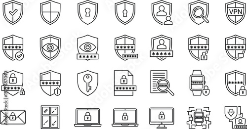 Cyber security shield protection icons set lock password privacy vpn authentication secure data firewall surveillance antivirus vector line illustration collection