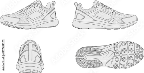 Modern athletic running shoes outline illustration set with side back and sole view minimalist line art sports footwear