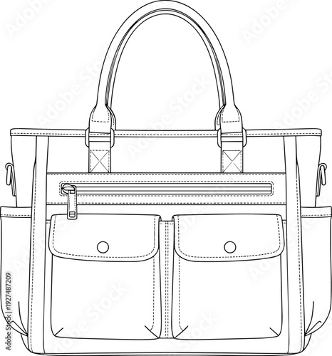 Modern leather tote handbag outline illustration with front flap pockets zipper and handles isolated minimalist line art fashion accessory