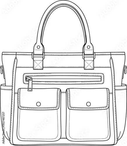 Stylish leather handbag outline illustration with front pockets zipper and handles isolated minimalist line art fashion accessory design