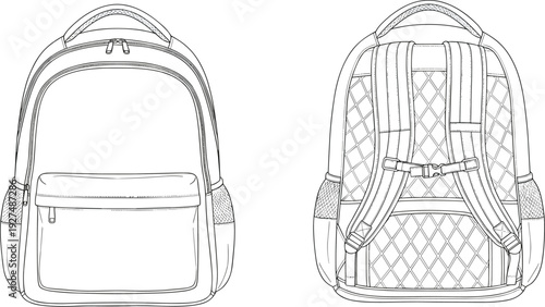 School backpack outline illustration with front and back view detailed line art bag design isolated on white