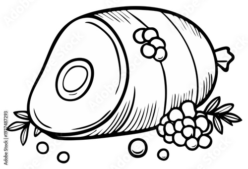 Hand drawn illustration of a cooked ham garnished with rosemary and berries on a white background