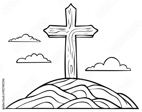 Wooden cross on a hill with clouds, black and white illustration