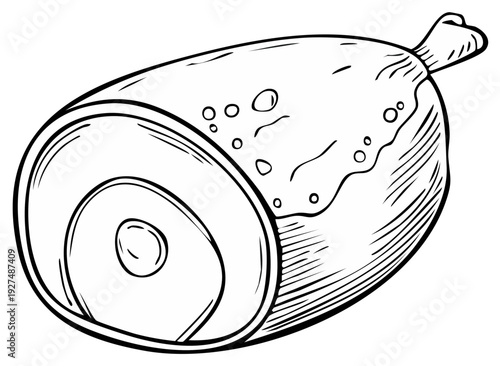 Ham Illustration, Traditional Meat Cut with Bone Section and Gravy Texture for Coloring, Engraved Food Design Element for Butcher Shop or Menu