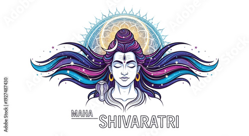 Illustration of Lord Shiva's face with flowing hair and sun behind, celebrating Maha Shivaratri, a significant Hindu Festival of Shiva.