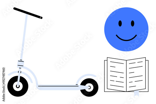 Leisure concept. A kick scooter, cheerful happy face, and open book combine to highlight leisure, recreational activities, happiness, and learning. Great for education, hobbies or relaxation