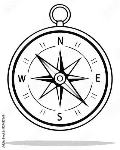 Classic Compass with Star of Winds and Directional Markings Isolated Outline Illustration
