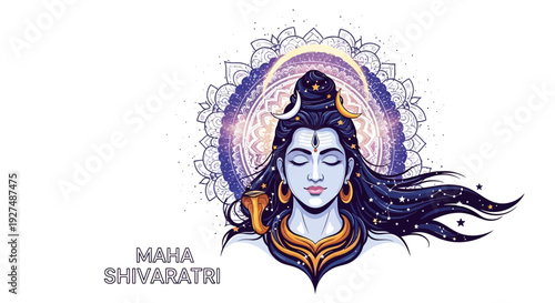 Illustration of Lord Shiva's face with a purple and orange halo for Maha Shivaratri, a Hindu Festival of Shiva.