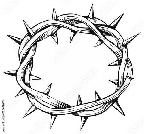 Detailed line drawing of a crown of thorns representing faith and suffering in a religious or spiritual context artistic rendering