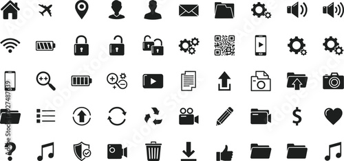 Essential black solid glyph icons set home travel location user email folder gear sound lock battery wifi qr code smartphone vector illustration collection