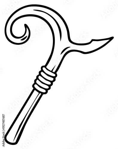 Illustration of a stylized shepherd's crook with a curved top and sharpened blade for vector use