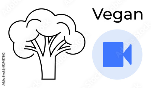 Veganism, diet, organic food, content creation, video production, healthy lifestyle. Minimalist broccoli outline with text Vegan and a blue video camera icon. Veganism and content