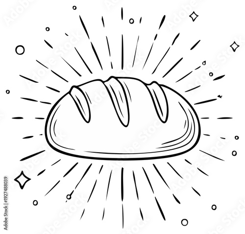 Artistic sketch of a golden crust loaf of bread with radiating sunburst and sparkling elements