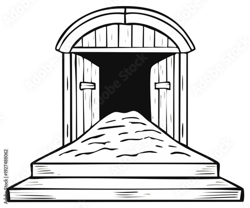 Entrance to a dark mine shaft with wooden door and sandy pathway leading up steps