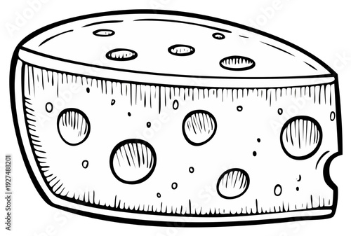 Simple black and white drawing of a wedge of Swiss cheese with holes