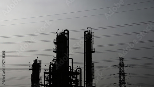 Dramatic silhouette of oil refinery and power lines against cloudy sky creates striking industrial scene. towering structures and intricate network of cables evoke sense of energy and industry