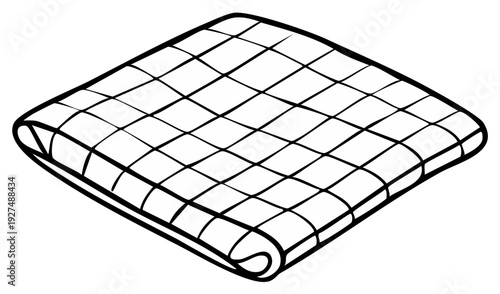 Isometric view of a pillow with a grid pattern, black and white illustration