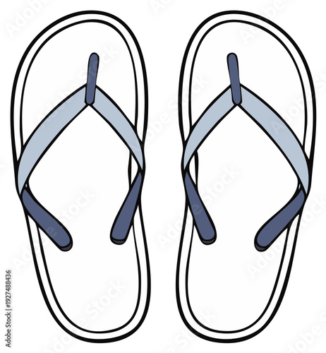 Cartoon illustration of a pair of blue and white flip flop sandals