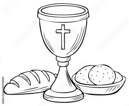 Illustration of religious chalice, bread, and wafers for communion