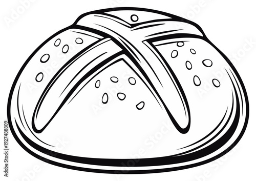 Black and white illustration of a round crusty bread roll with a crisscross score on top