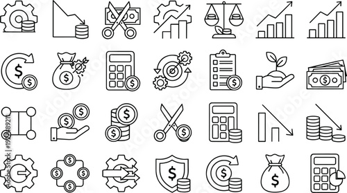 Finance business money management icon set, cost profit growth loss budget calculator investment graph currency cash vector line illustration seamless pattern background
