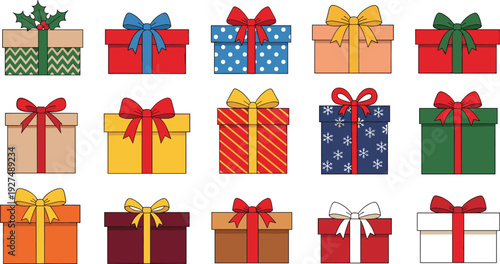 Large set of colorful Christmas gift boxes with ribbons, festive present collection featuring polka dots, snowflakes, and stripes for holiday designs