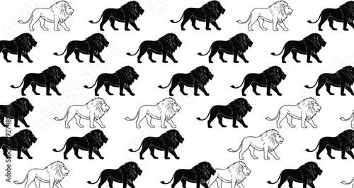 Seamless pattern with hand drawn black and white lion silhouettes and outlines in a repetitive arrangement for wild animal designs